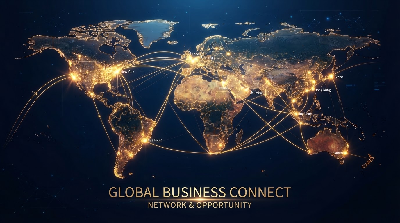 Glowing world map with network connection lines linking major cities across continents on a dark blue background