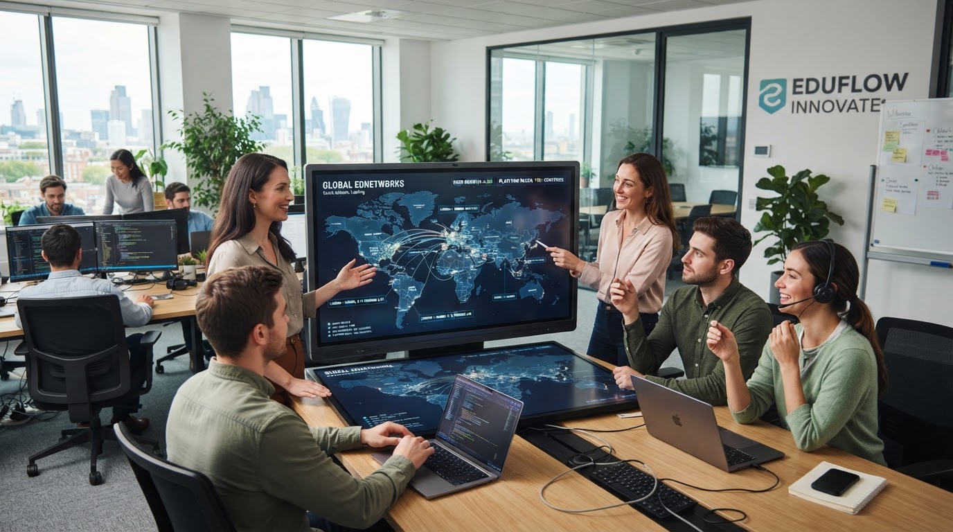 UniEntrance team collaborating in a modern office with a global map showing education connections