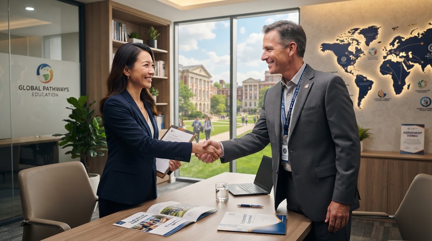 Confident education agent shaking hands with a university representative in a modern office