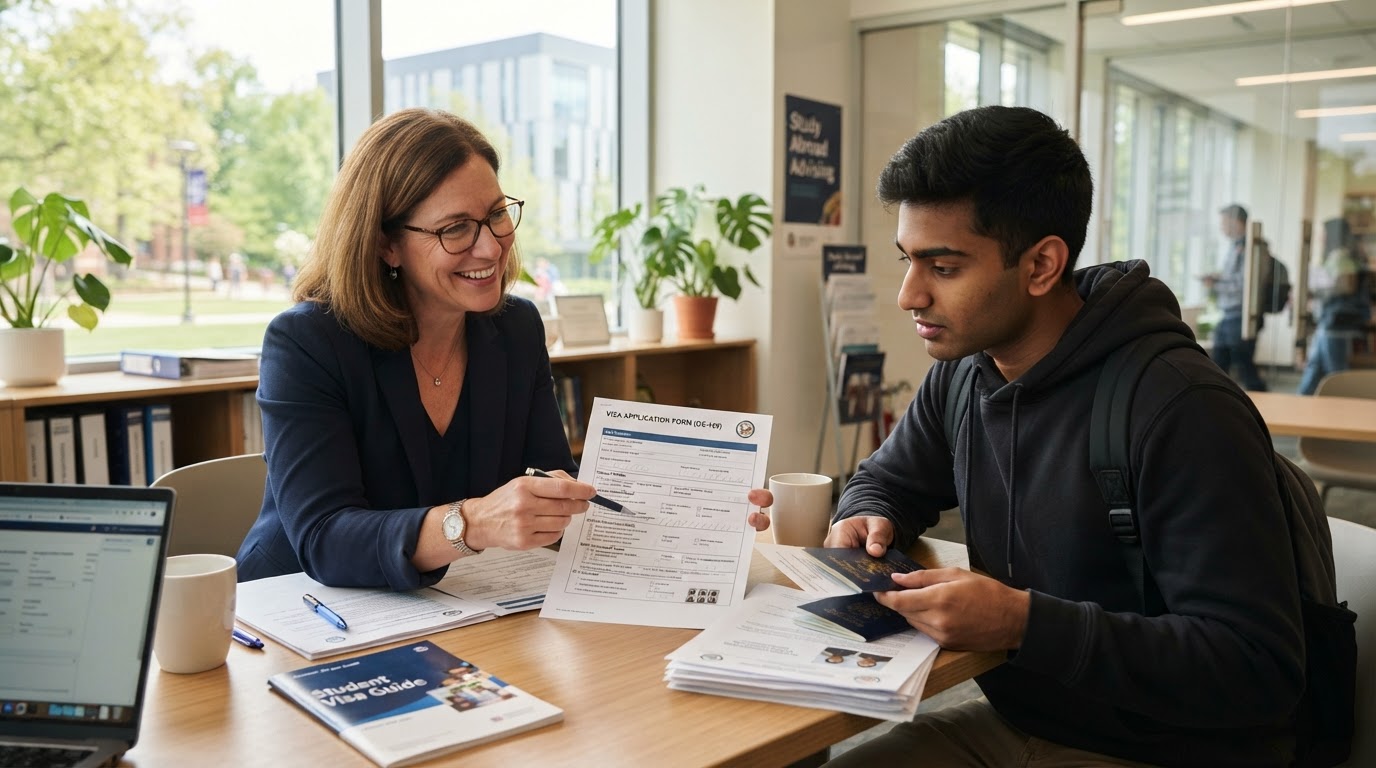 Friendly advisor helping a student with visa documents and application forms in a modern office