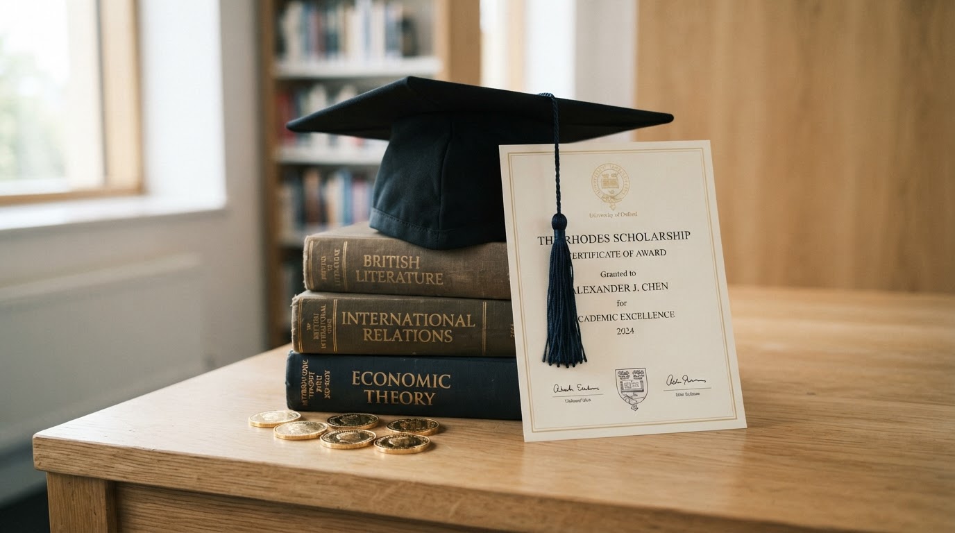 Graduation cap on a stack of books with a scholarship certificate and gold coins in soft natural light