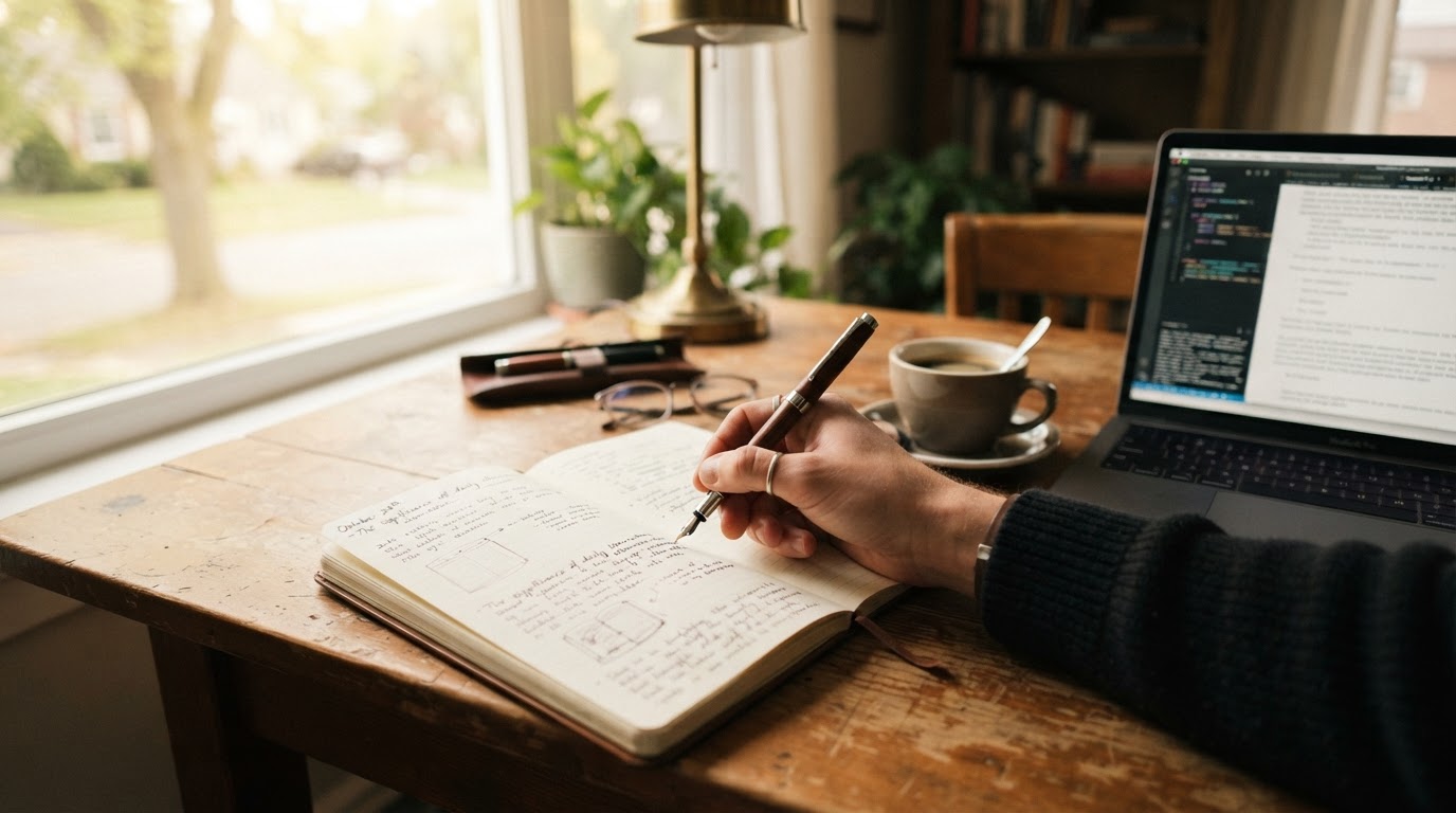 Hand writing thoughtfully in an open notebook with a fountain pen on a wooden desk in warm window light