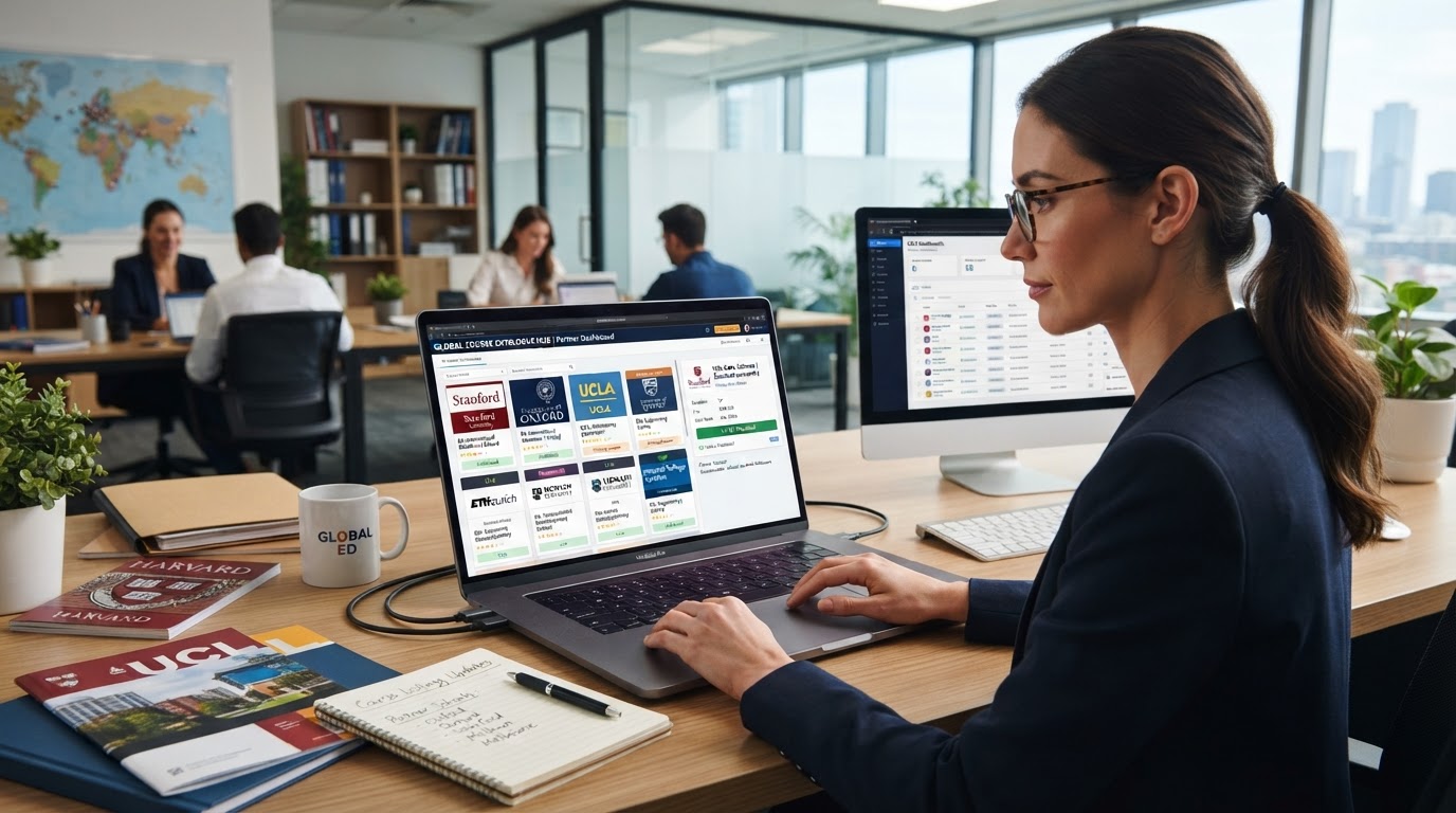 Education agent publishing course listings on behalf of partner universities with multiple course cards on a laptop