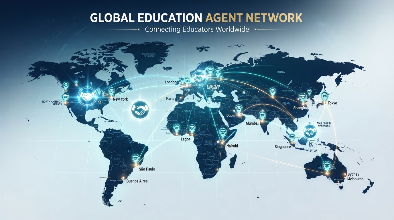 World map with agent network pins and handshake icons representing a global agent network