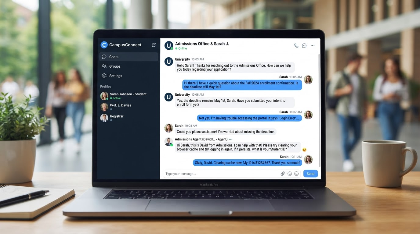 Live instant messaging chat interface with conversation bubbles between an agent, a student and a university on a screen