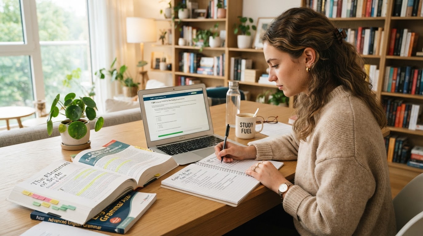 Student studying at a desk with books, laptop showing an English language test, and a coffee cup in a bright study space
