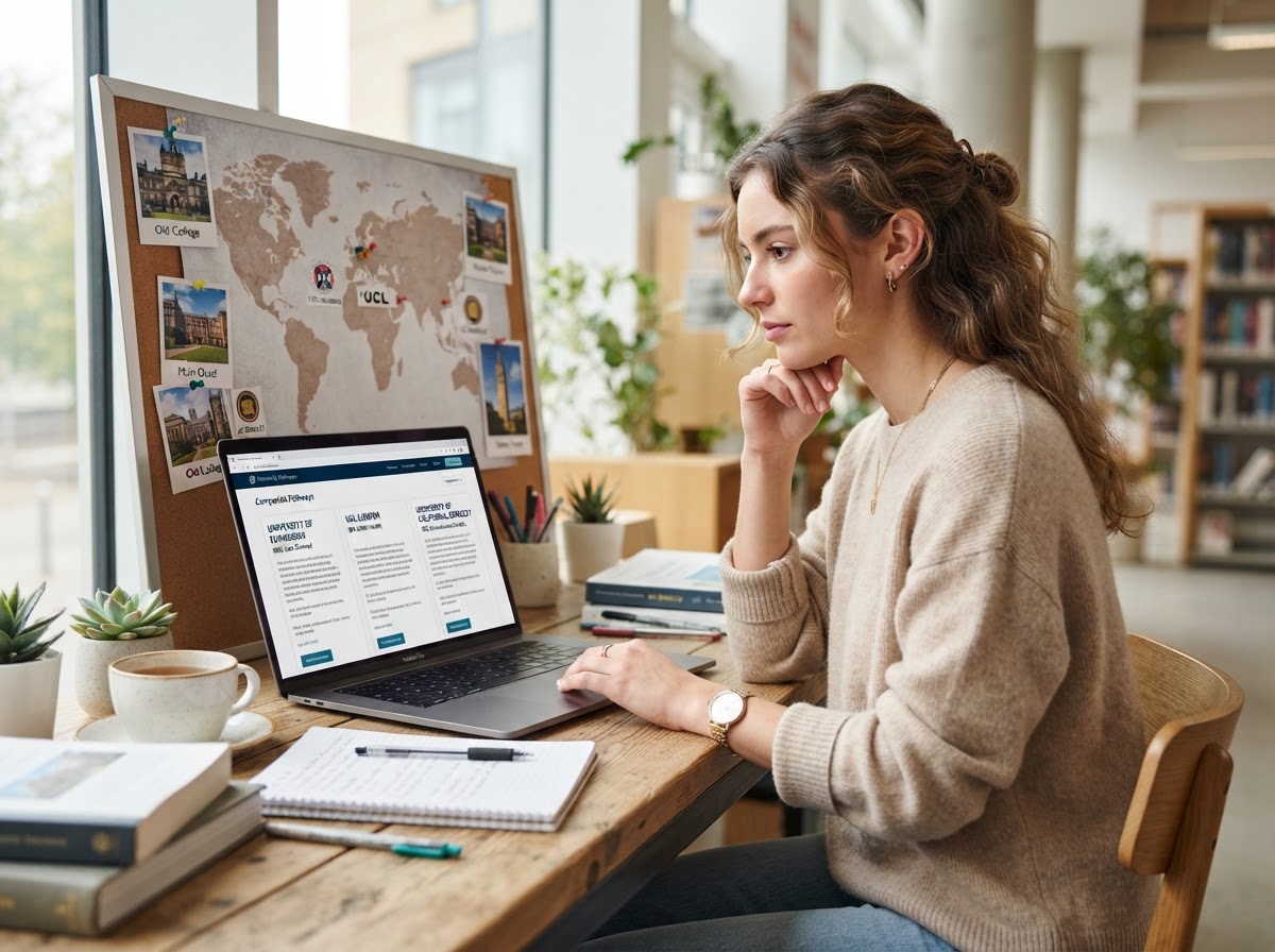 Student comparing university options on a laptop with a world map and campus photos