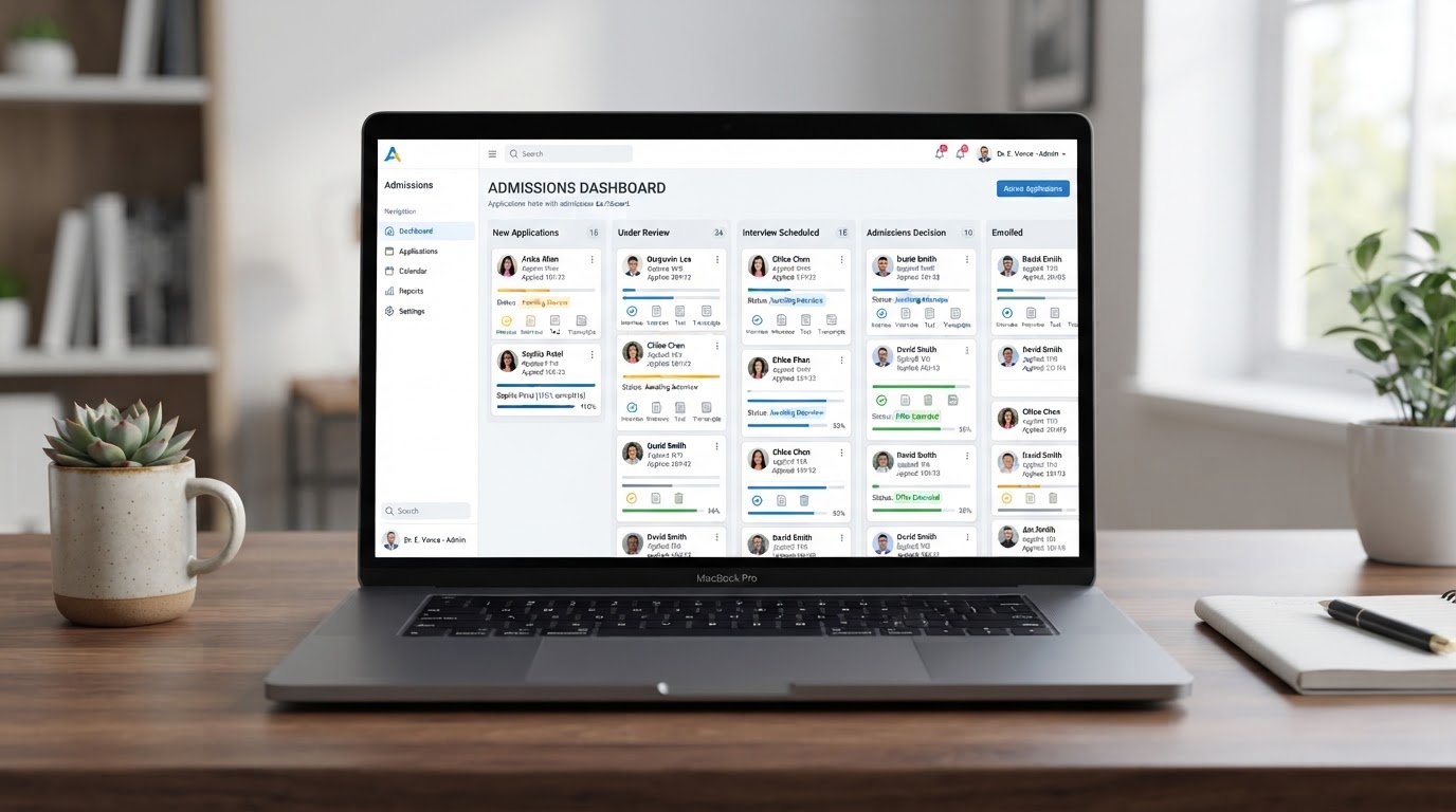 Clean automated admissions dashboard showing incoming student applications in a kanban board with status columns on a laptop screen