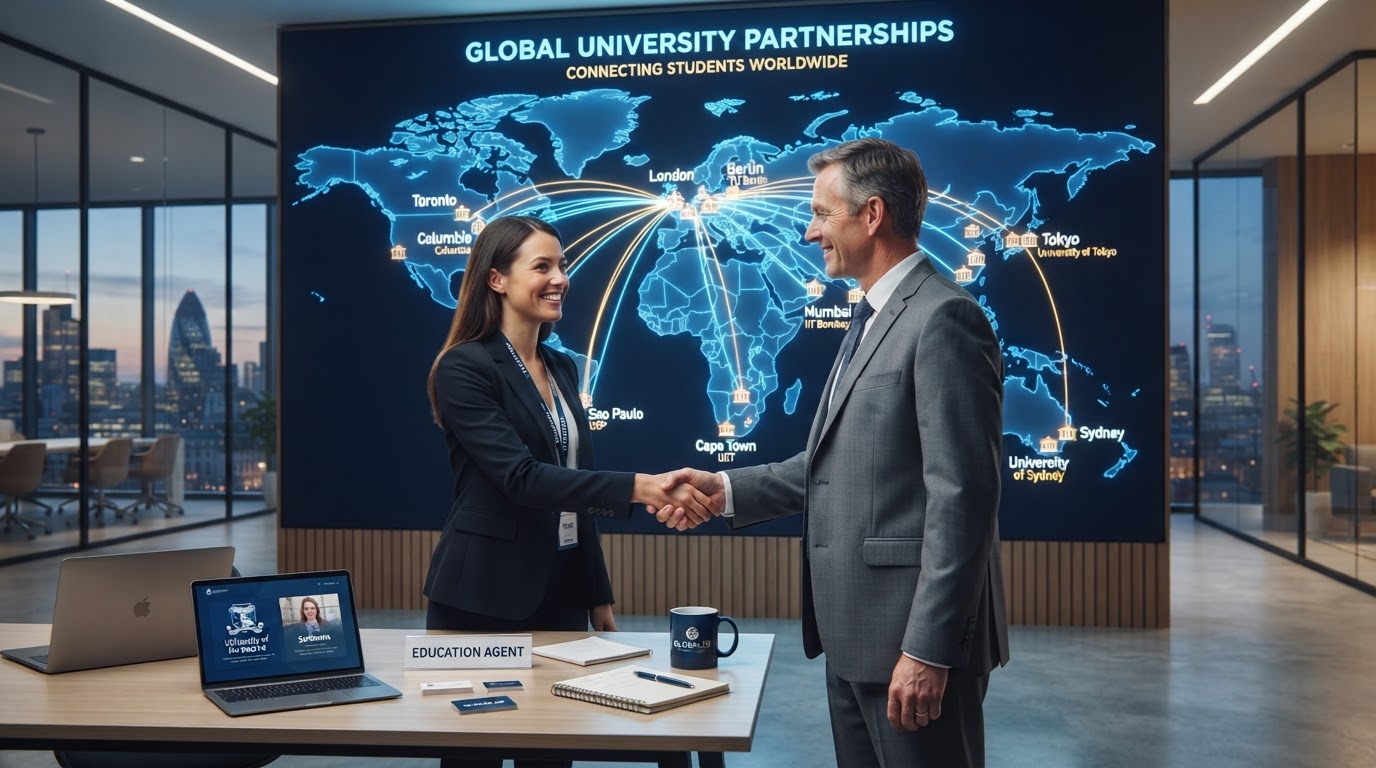 World map with glowing connection lines linking education agents to university campus icons representing global partnerships