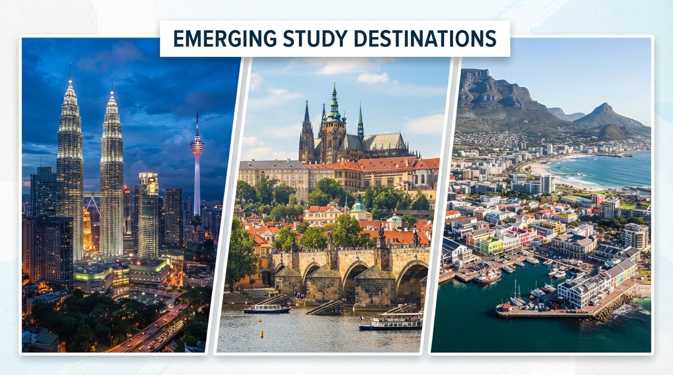 Collage of iconic landmarks from different countries representing emerging study destinations