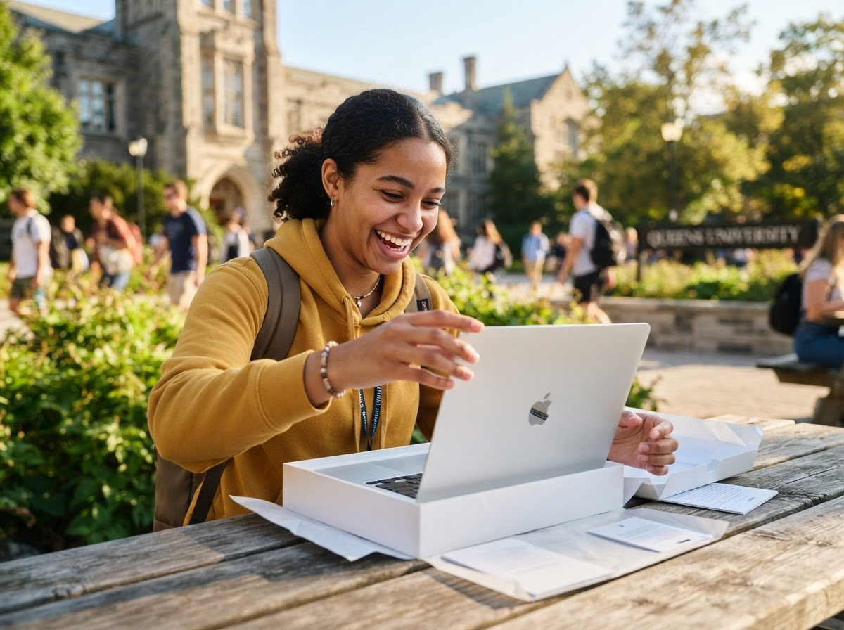 Happy international student unboxing a brand-new laptop on a sunny university campus