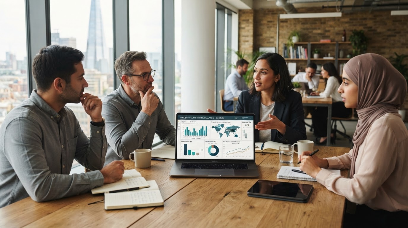Modern business meeting around a table with a laptop showing student recruitment analytics dashboards