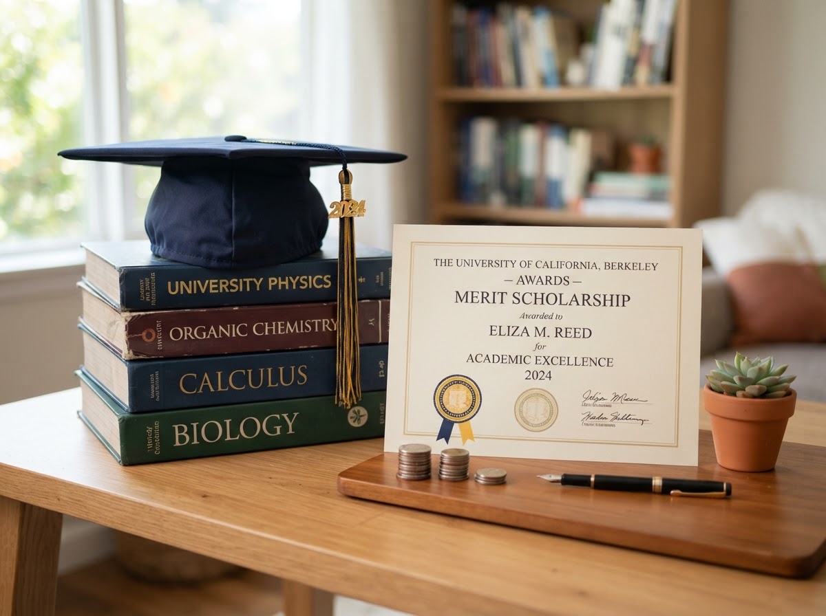 Graduation cap on textbooks beside a scholarship certificate and coins on a wooden desk