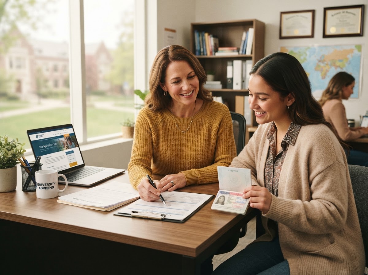 Friendly advisor helping a student review visa documents and a passport at a modern office desk