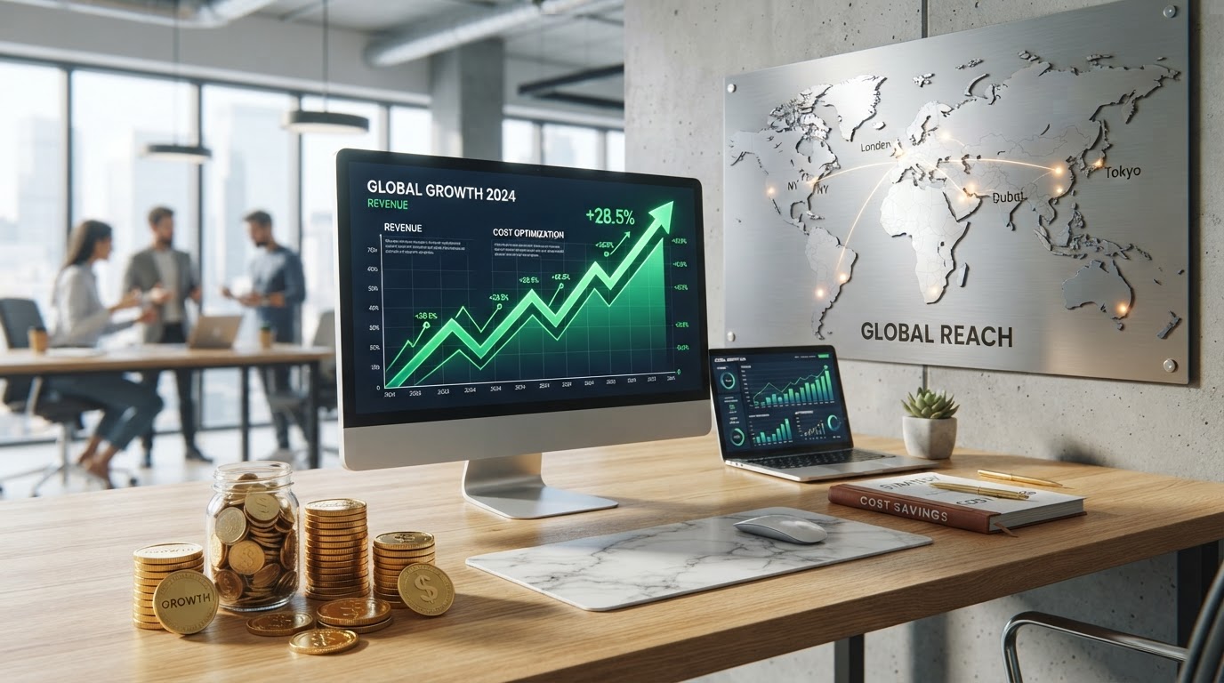 Growing financial chart with golden coins beside a world map representing cost savings and a global presence