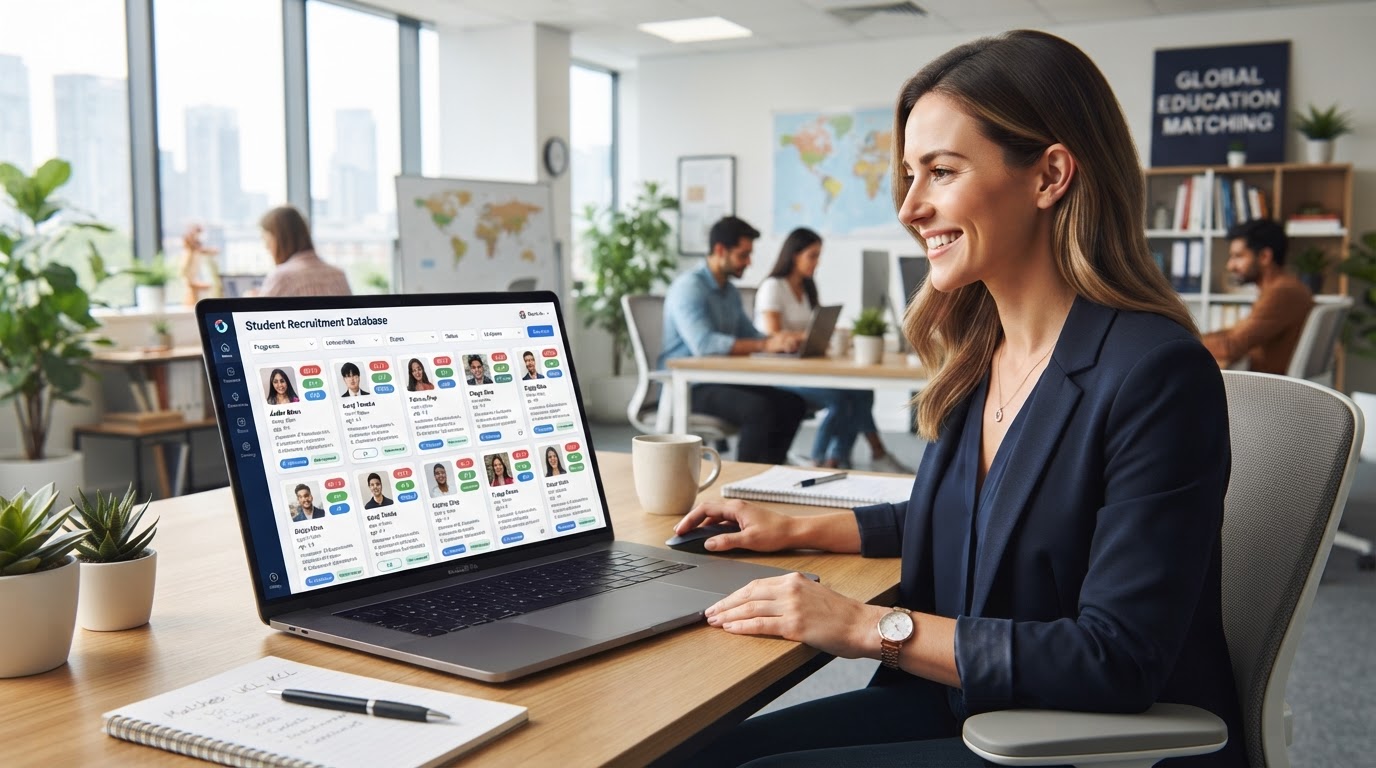 Education agent reviewing a large database of diverse prospective students with profile cards and qualification badges on a laptop