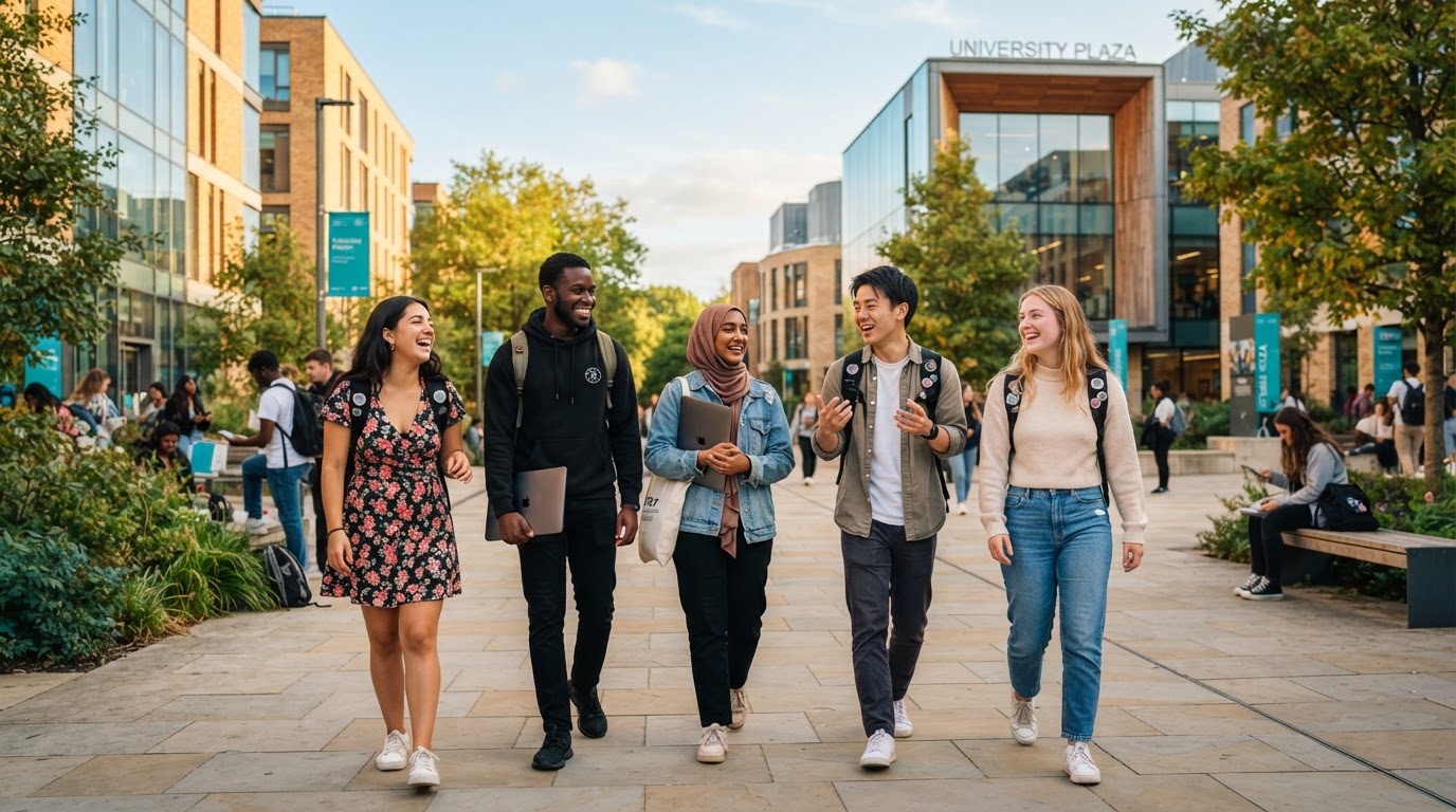 International students walking together on a sunny university campus