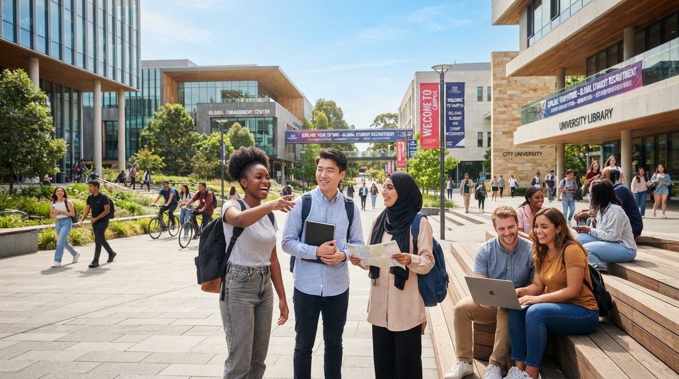 Modern university campus with diverse international students representing global recruitment