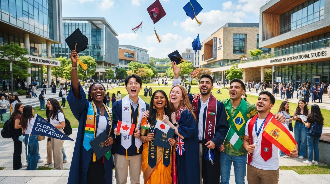 Diverse international students celebrating together on a university campus