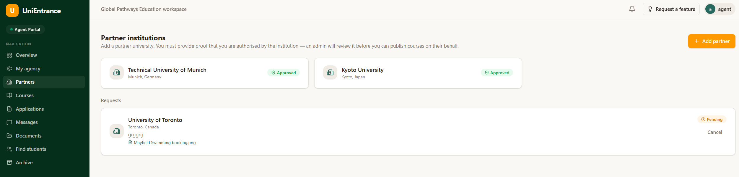 UniEntrance Agent Portal showing partner institutions management, approved universities, pending authorization requests, and recruitment tools