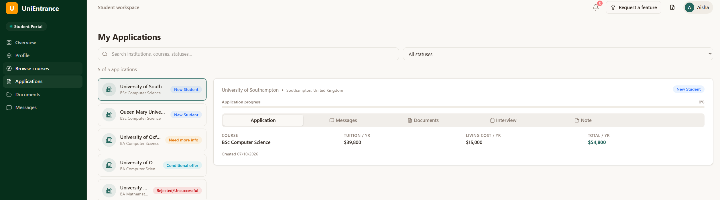 UniEntrance Student Portal showing active university applications, application progress, live admissions chat, documents library and interview schedule