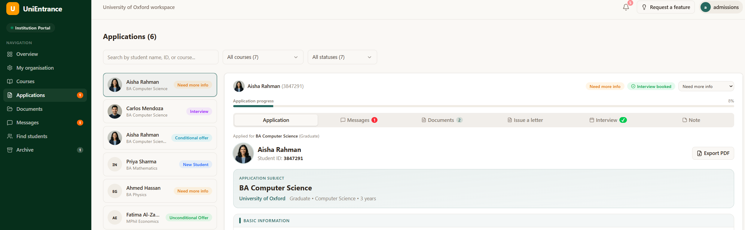 UniEntrance Institution Portal showing application management, applicant progress, in-app messaging, document sharing, interview booking and letter issuing