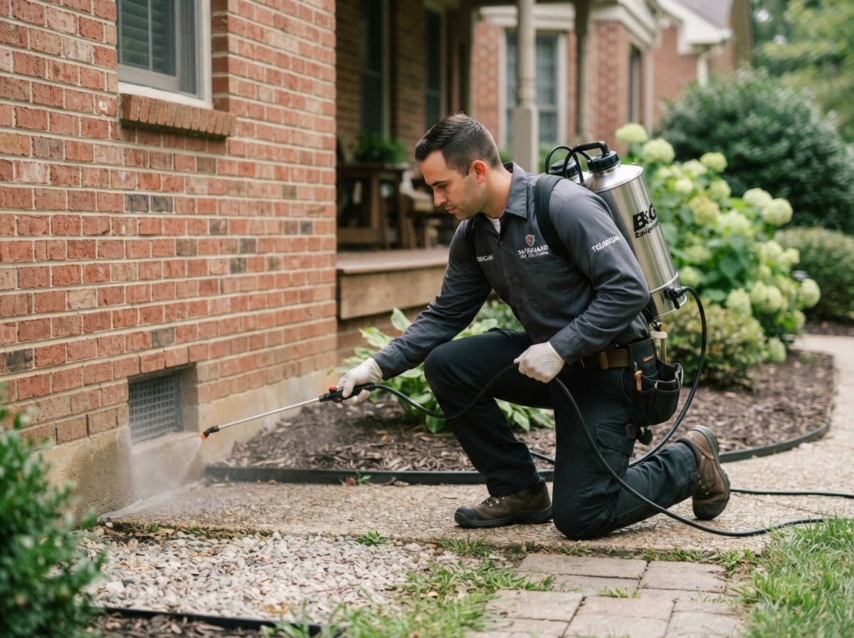 Pest control technician treating a property with spray equipment