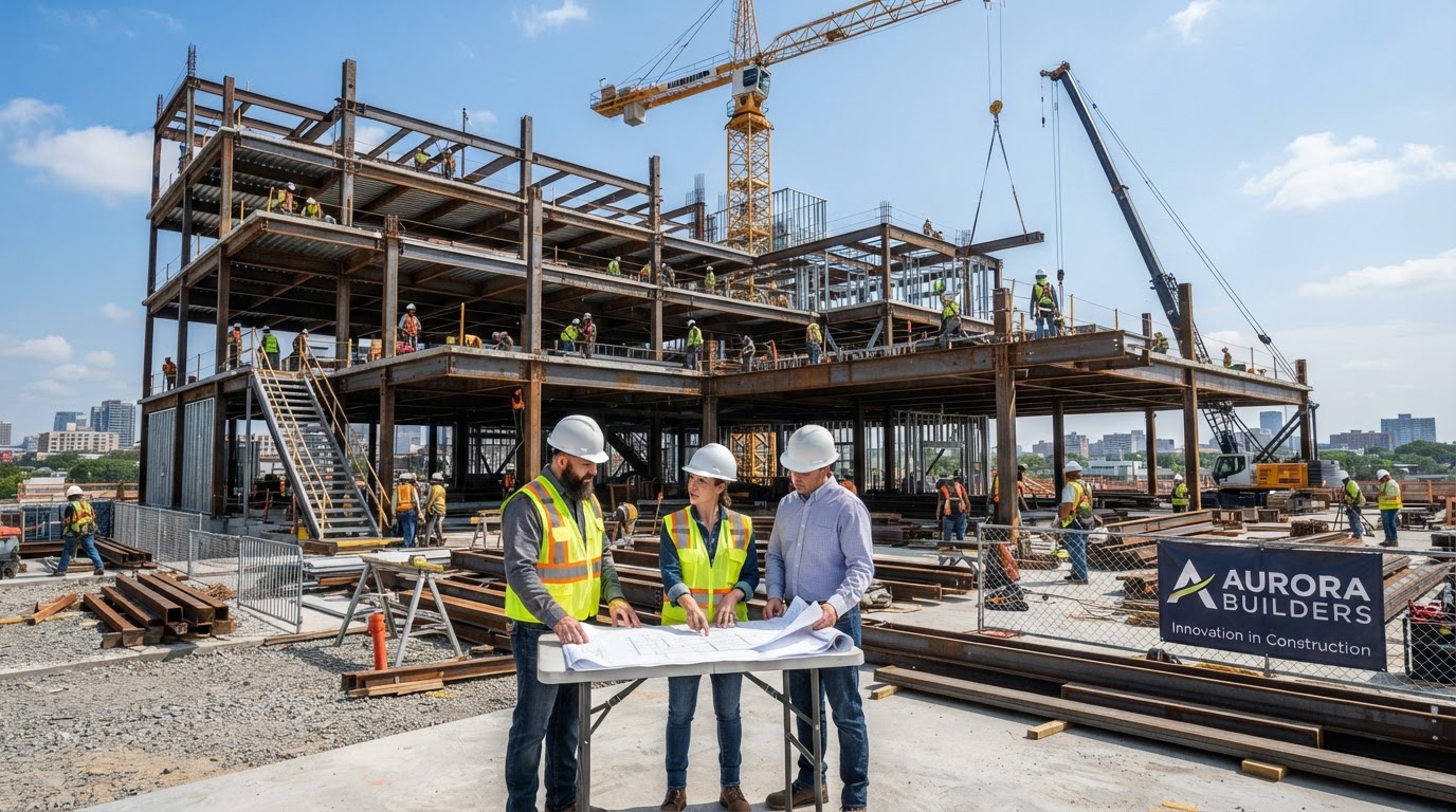 Construction company job site with steel framing, cranes, and workers in hard hats