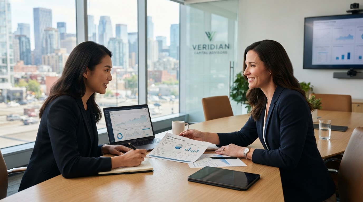 Financial consultant meeting with a client in a bright modern office reviewing documents and a laptop
