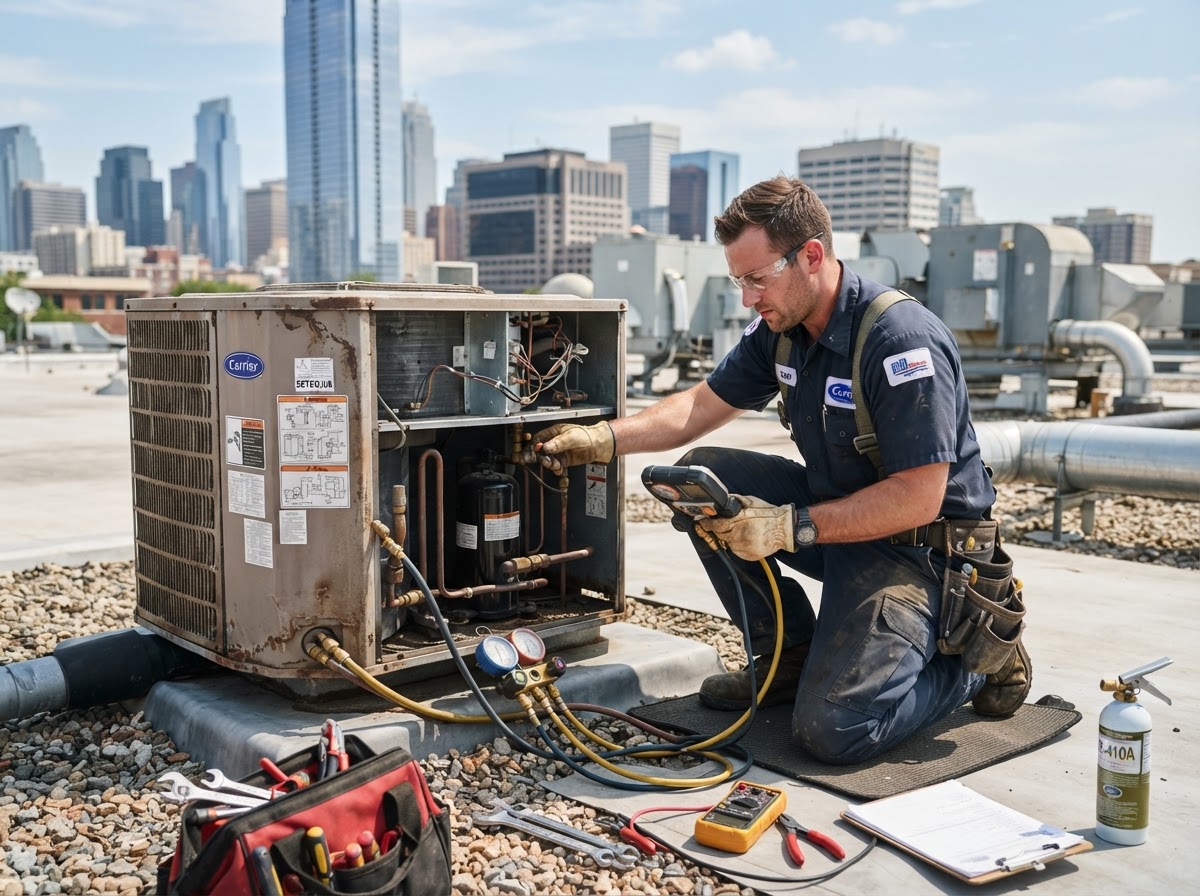 HVAC technician servicing commercial rooftop air conditioning equipment