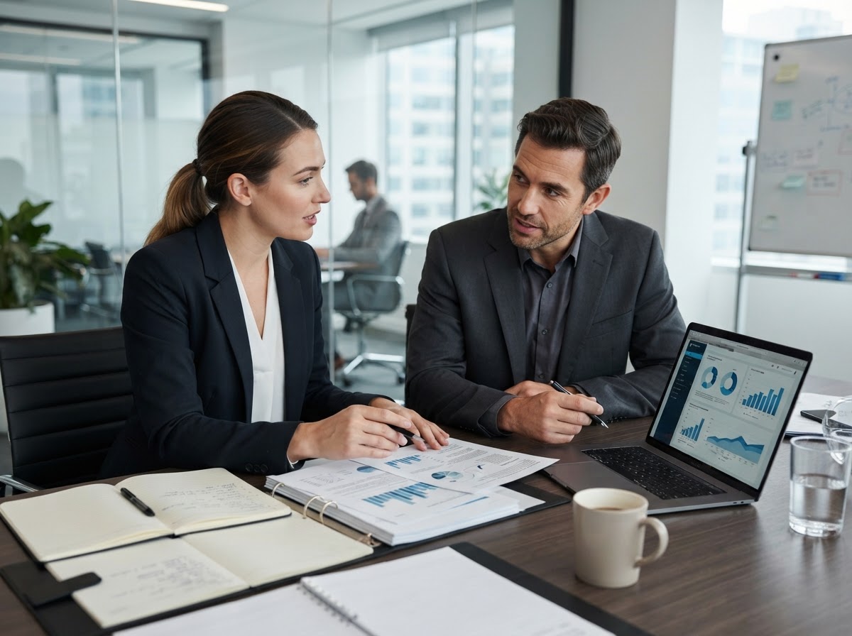 Professional business consulting strategy session reviewing documents at a conference table