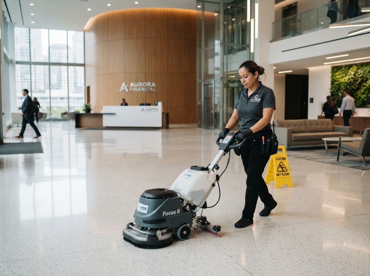 Commercial cleaning crew member cleaning a modern office building lobby