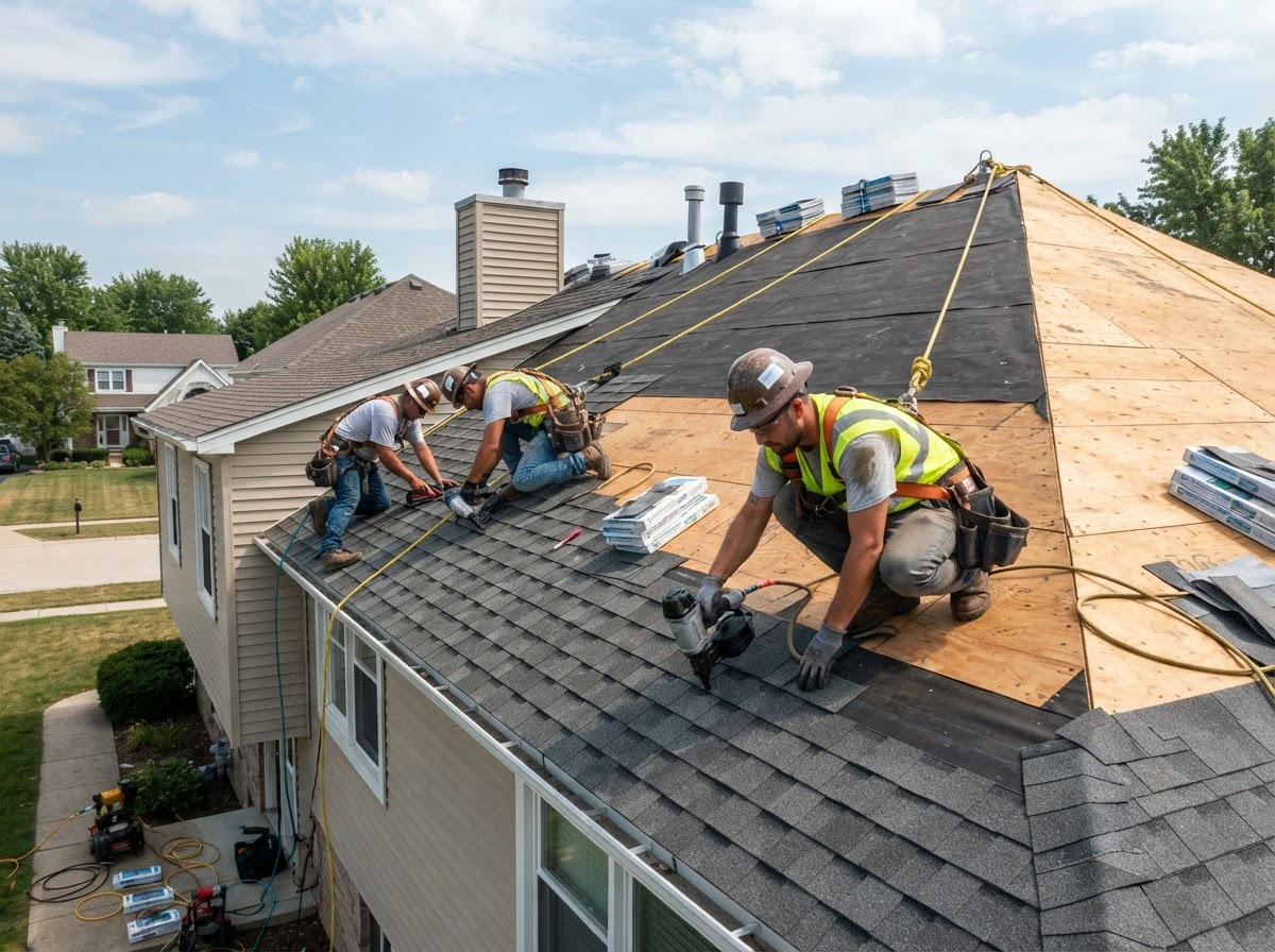Roofing crew installing shingles on a residential roof