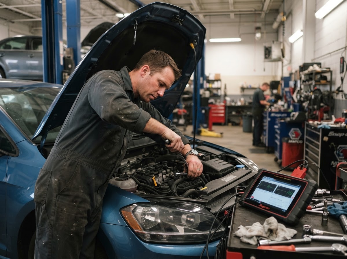 Auto mechanic working under the hood of a car in a professional repair shop