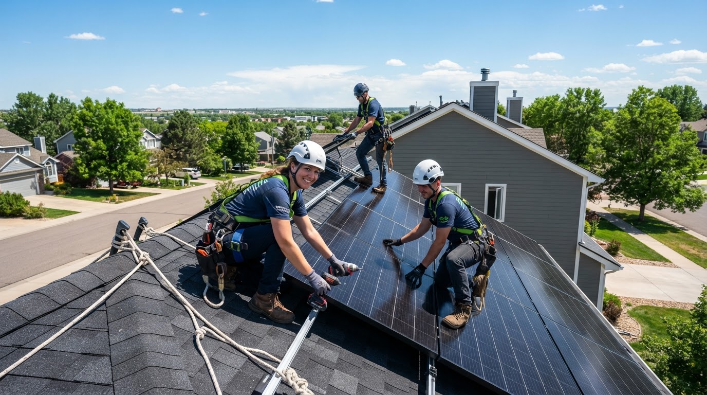 Solar panel installers installing sleek solar panels on a residential rooftop on a sunny day