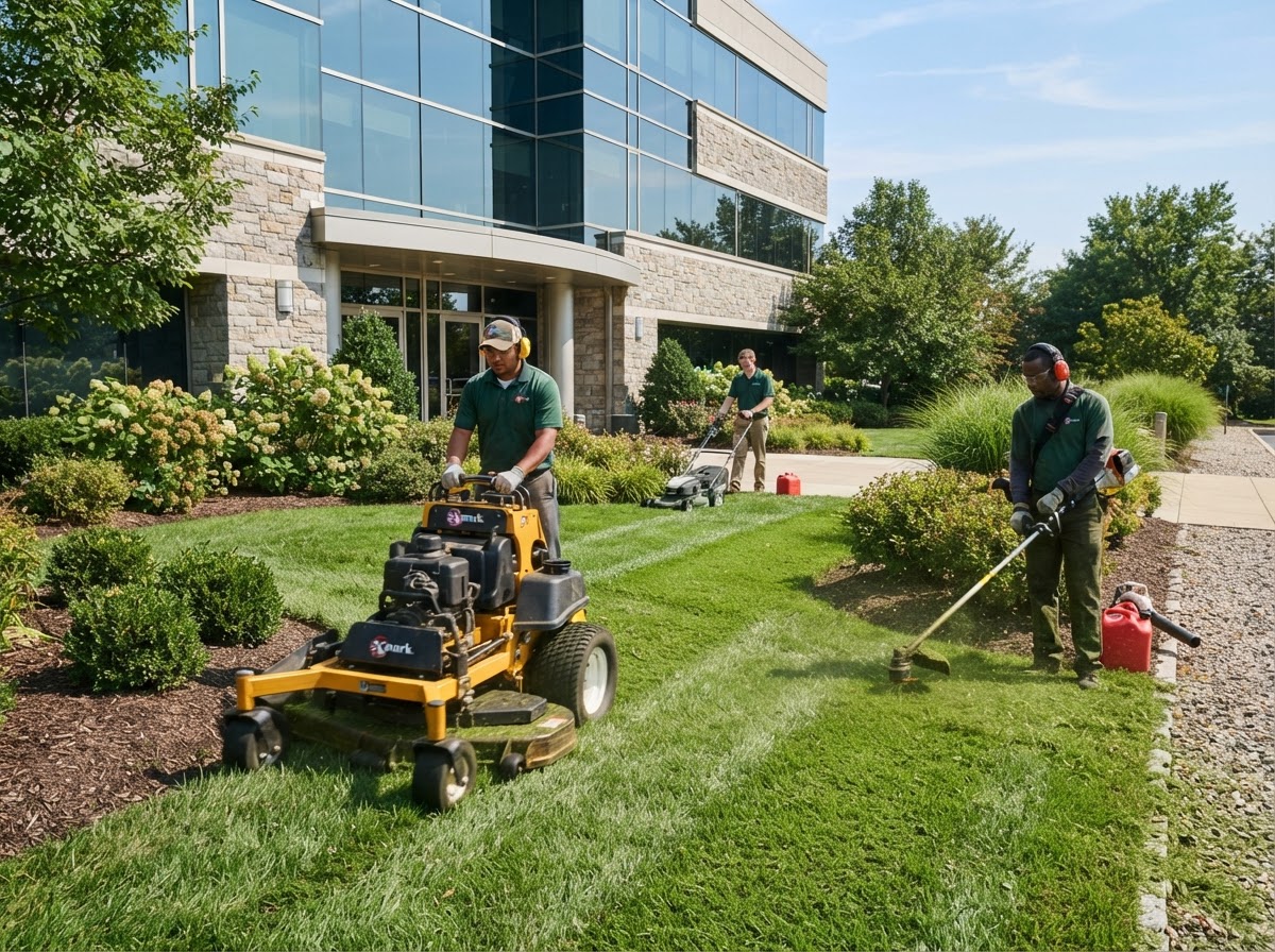 Landscaping crew maintaining a commercial property with mowers and trimmers