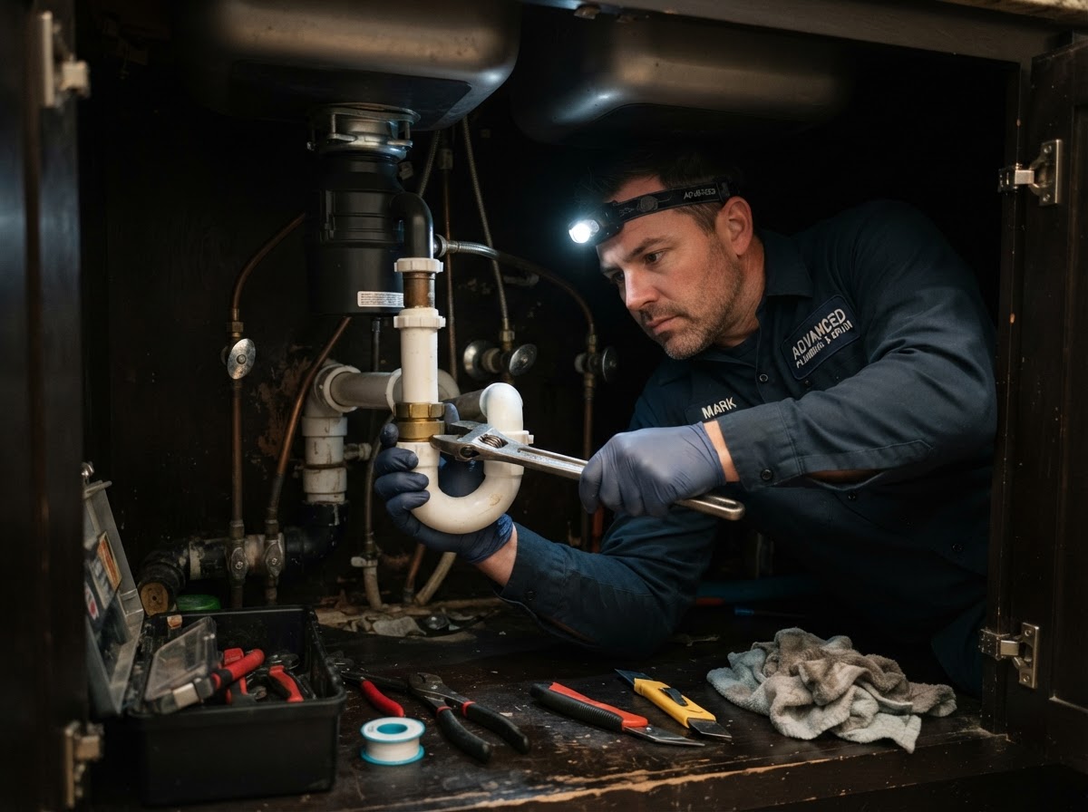Professional plumber repairing residential plumbing under a sink