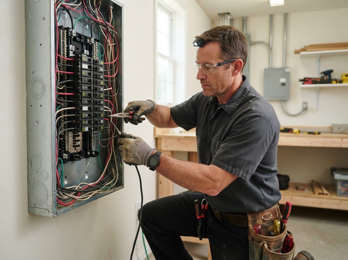 Electrician working on an electrical panel with wiring