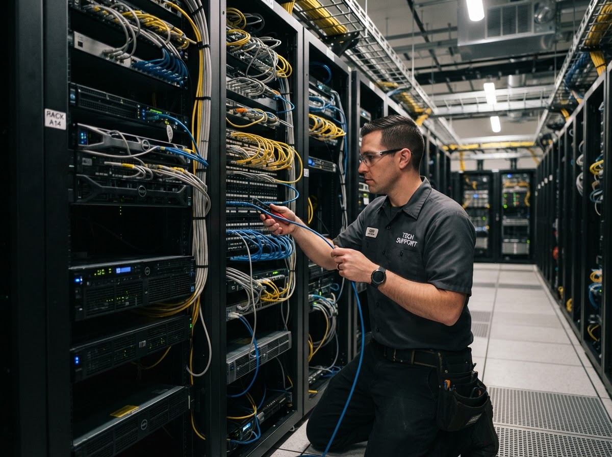 Managed IT services technician working on server rack and network infrastructure in a data center