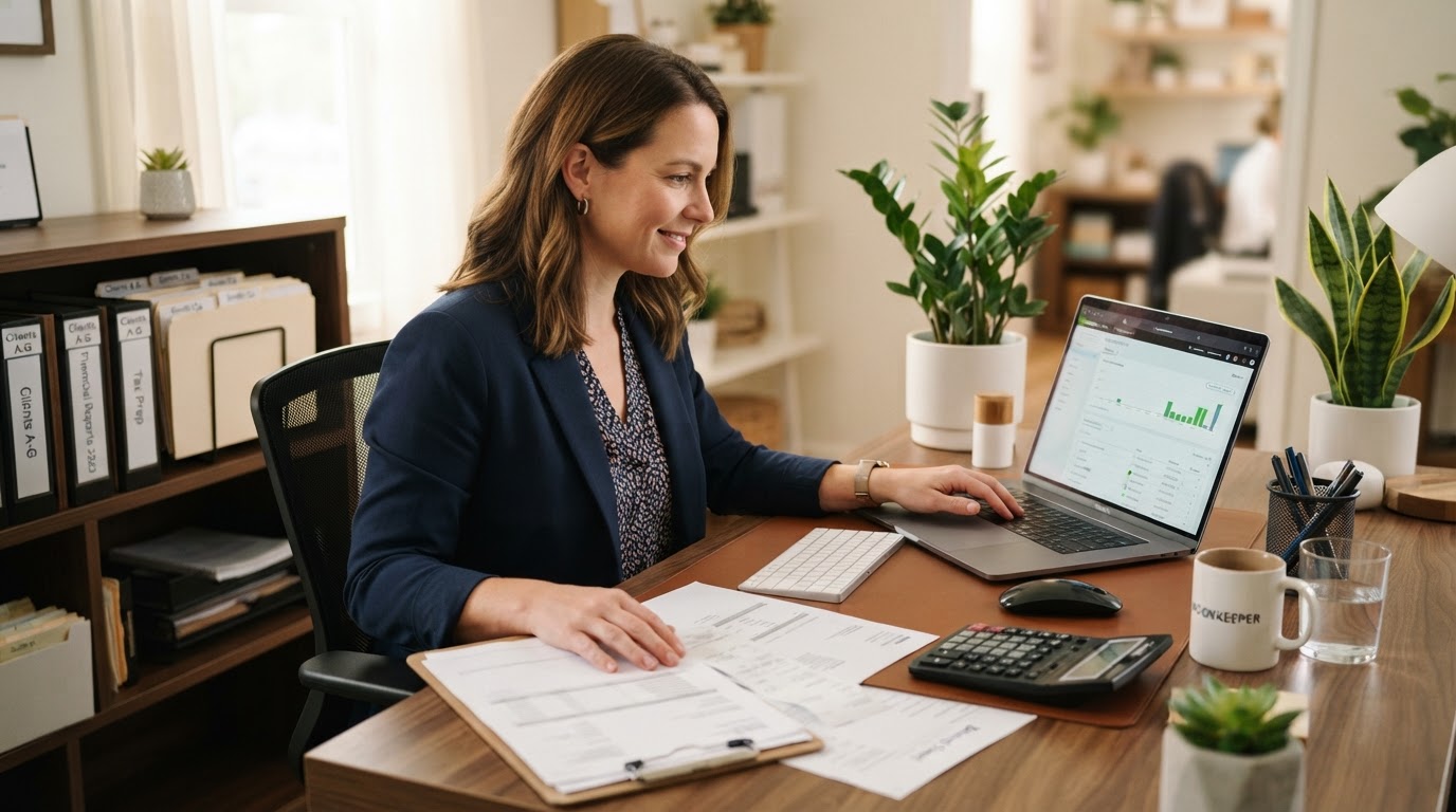 Professional bookkeeper working at a clean modern desk with financial documents and a laptop