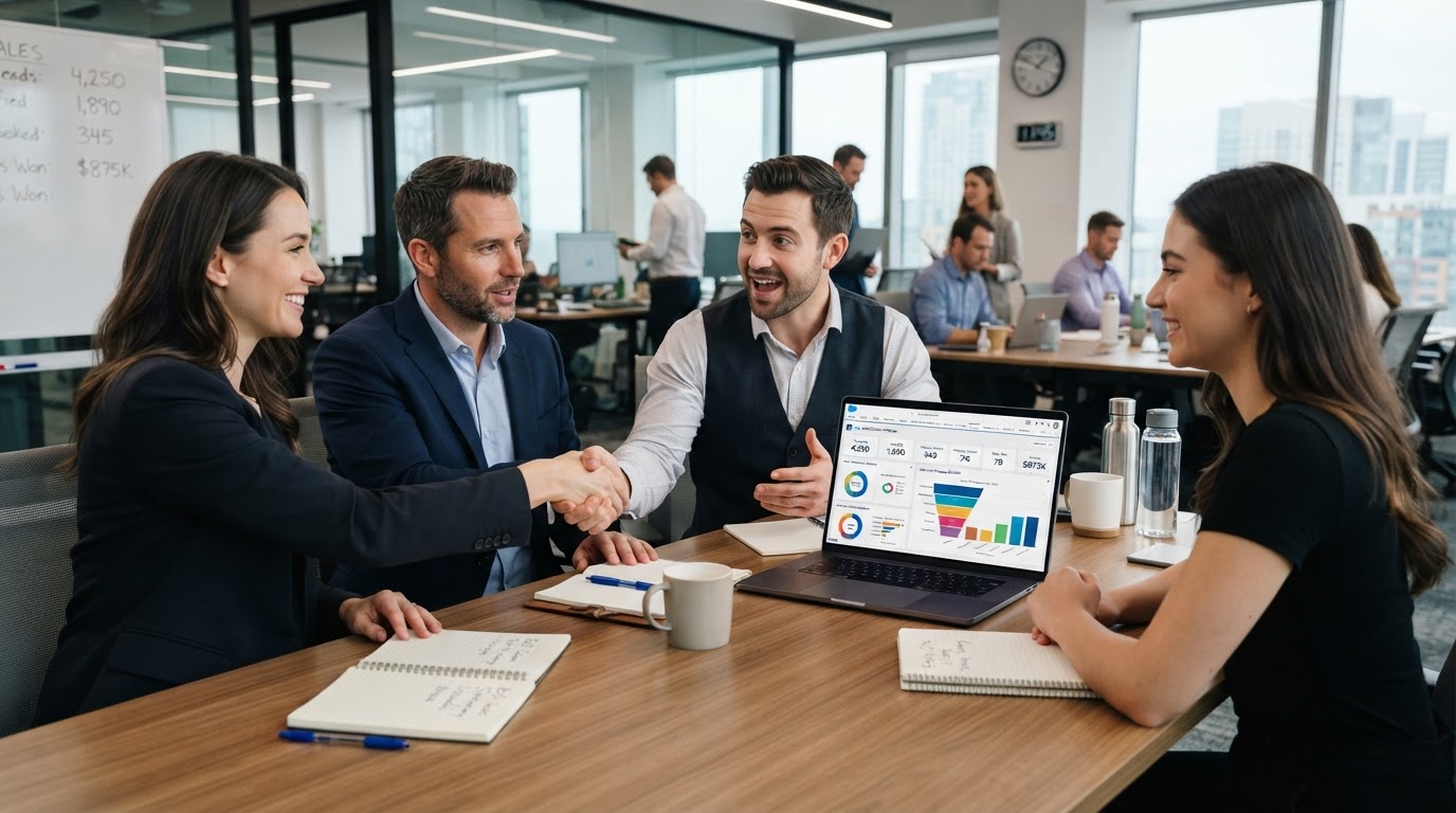 B2B sales team reviewing lead generation pipeline and CRM dashboard