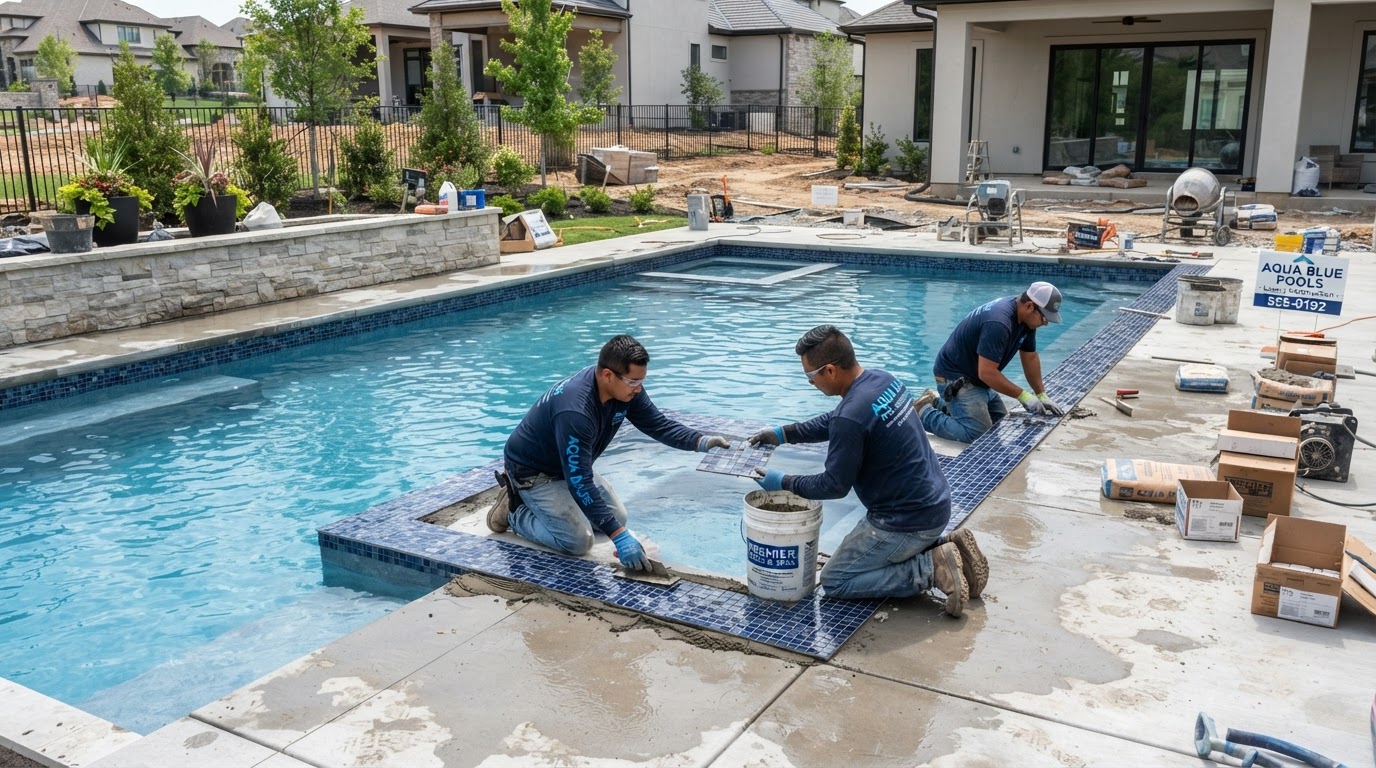 Luxury in-ground swimming pool installation with construction crew laying tile