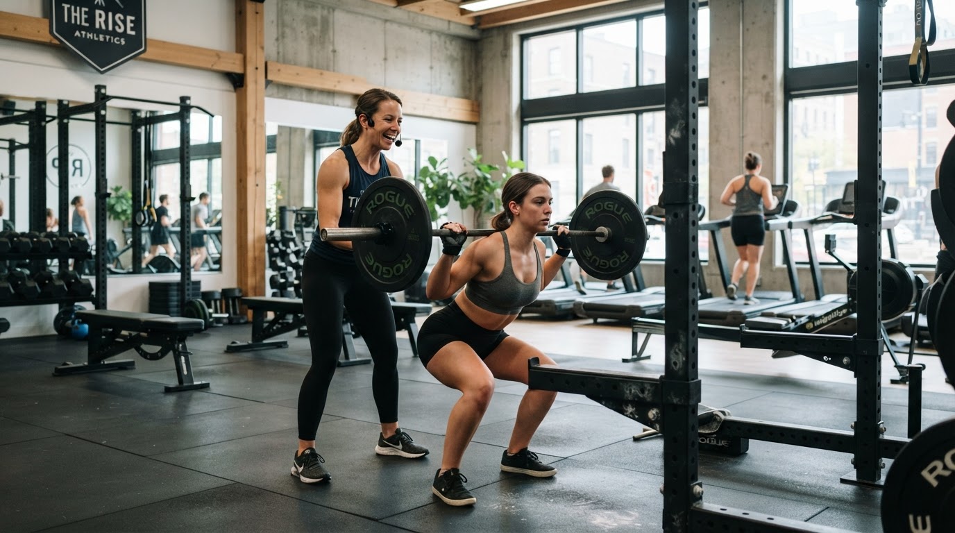 Modern independent gym interior with a trainer helping a member during a workout