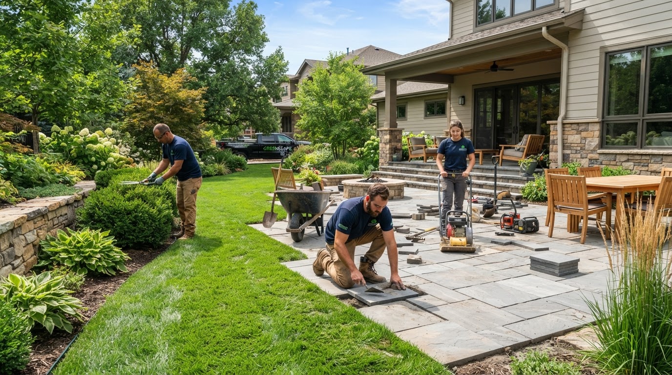 Professional landscaping crew working on a manicured residential backyard