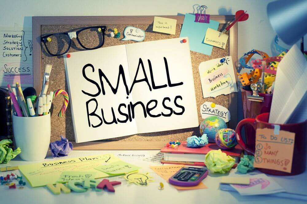 Small Business marketing strategy and planning desk with pinboard and notes