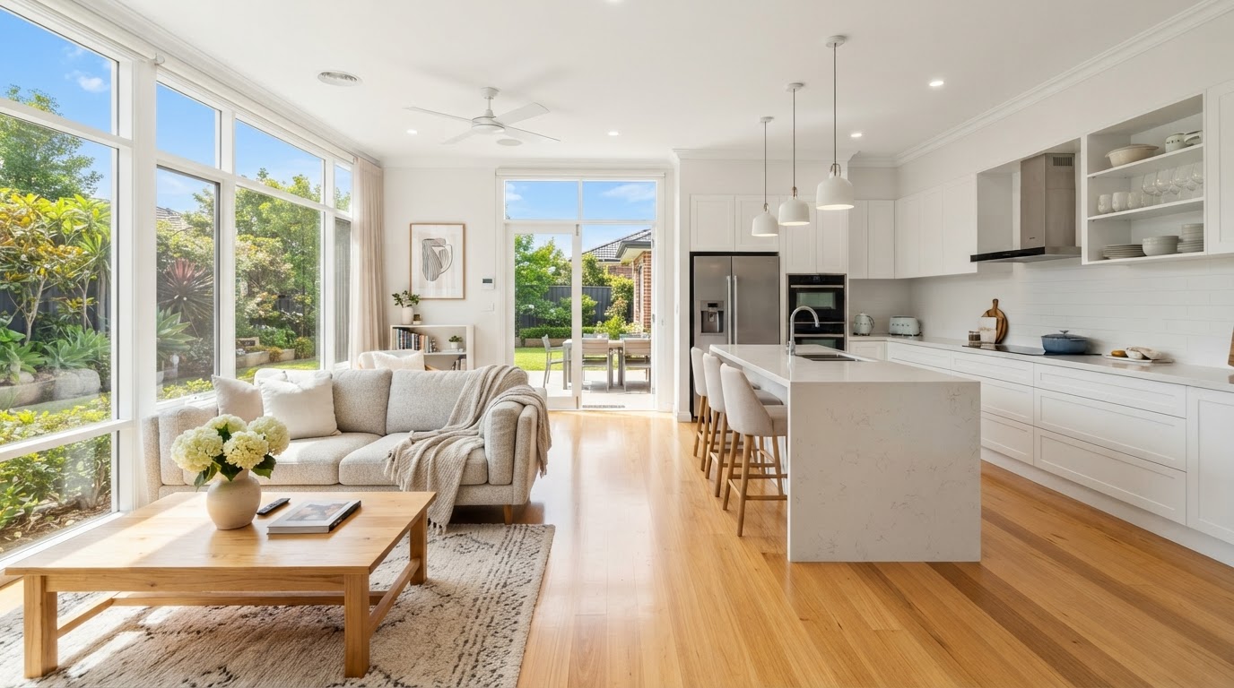 Immaculate freshly cleaned residential home living room and kitchen