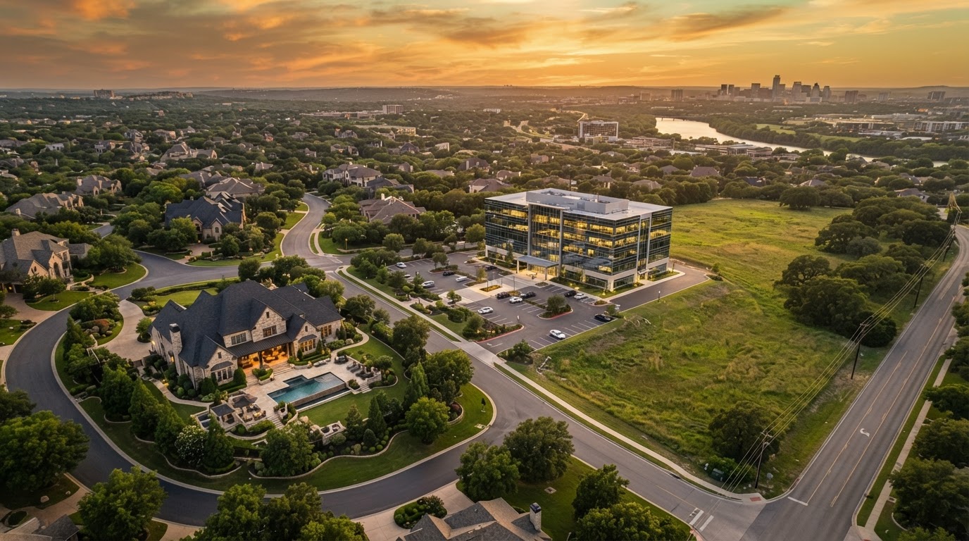 Aerial view of residential, commercial, and vacant land properties at golden hour