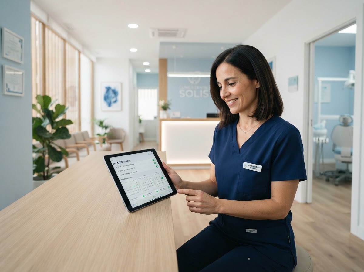 Propietaria de clínica dental revisando su agenda llena de citas en una tablet