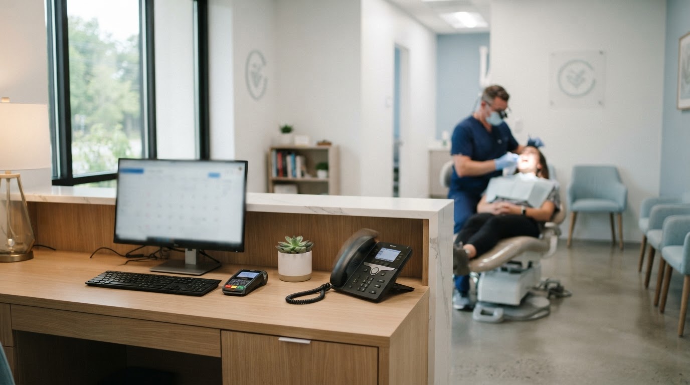 Recepción de una clínica dental moderna con el teléfono sonando mientras la dentista atiende en gabinete