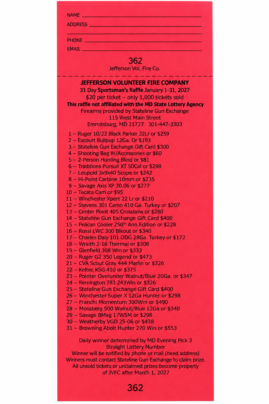 Jefferson Volunteer Fire Company 31 Day Sportsman’s Raffle